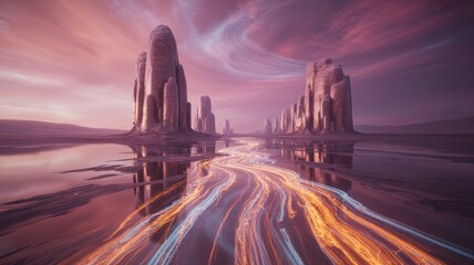 Stunning alien landscape with vibrant river of light under surreal pink sky, perfect for science fiction or fantasy book cover design