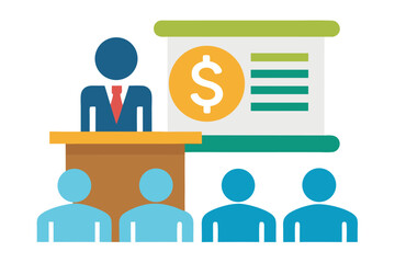 Flat vector icon of a business trainer giving a financial presentation with a dollar sign on a board in front of an audience. Perfect for illustrating concepts such as business training, investment ed