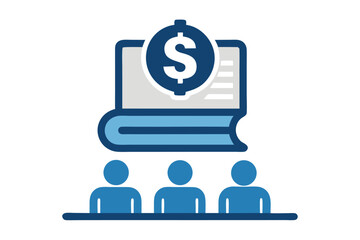Flat vector icon of a business trainer giving a financial presentation with a dollar sign on a board in front of an audience. Perfect for illustrating concepts such as business training, investment ed