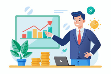 Flat vector icon of a business trainer giving a financial presentation with a dollar sign on a board in front of an audience. Perfect for illustrating concepts such as business training, investment ed