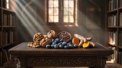 Vibrant antioxidants walnuts, blueberries, and turmeric for healthy living on antique table with stunning window light for wellness blog
