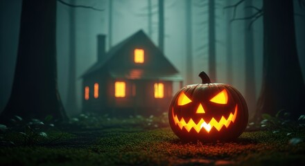 A spooky halloween pumpkin glowing in front of a haunted house at night