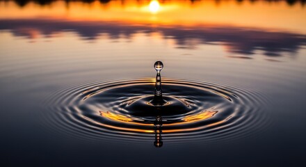 Water droplet impact creates ripples on a serene lake at sunset,
