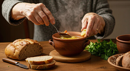Senior Hands Serving Warm Homemade Soup with Love. Traditional Family Meal Prepared by Older Person. International Day of Older Persons
