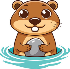 A playful and shy cartoon otter character peeking out of the water, holding a single, favorite stone with its paws, with big, bright, expressive eyes, a simple and charming design, vector illustration