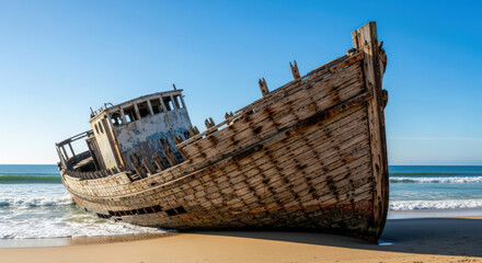 Naklejka premium Weathered Wooden Shipwreck Washed Ashore on Sandy Beach.