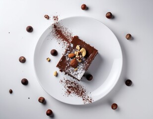 Chocolate Dessert with Nuts on White Plate