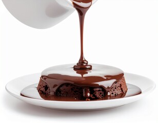 Pouding Melted Chocolate Over Dessert on White Background