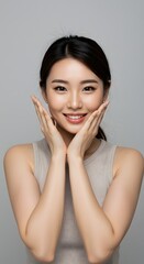 Beautiful Asian Woman Smiling with Hands on Cheeks, Skincare and Beauty Concept