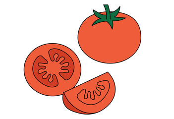 Whole and sliced tomato fresh vegetable illustration for cooking, salad preparation, and healthy food concept design