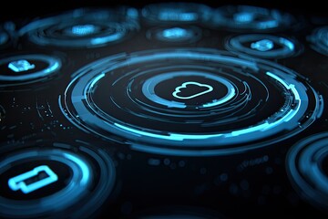 Abstract digital display with concentric circles, glowing icons, and a central cloud symbol