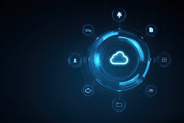 Futuristic cloud computing interface.  Circular graphic with glowing icons representing cloud services,  files, and user profiles. Dark background