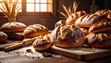 Artisan loaves of bread on a wooden table