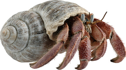 Hermit crab shows off its spiraled shell isolated on white
