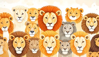 Diverse lion heads in a stylized group portrait