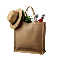 Jute shopping bag with straw hat and drinks isolated on transparent background
