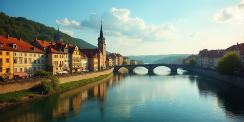 Fototapeta premium Historic european cityscape with river and bridge at sunrise