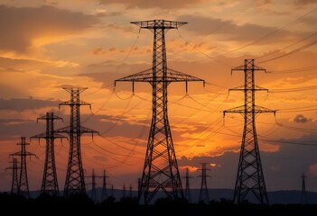 Dramatic power lines silhouette against a vibrant sunset, energy infrastructure at dusk, transmission towers