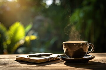 A steaming cup of coffee sits on a wooden table, beside a notebook and pen, in a sunlit garden setting