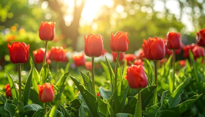 Obraz premium Vibrant red tulips in a garden bathed in sunlight