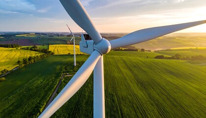 Aerial view of wind turbine blades, fields, and sunset