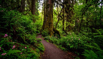 Obraz premium Lush green rainforest scenery with a winding path leading through the forest