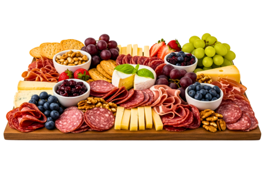 Gourmet charcuterie board with assorted meats, cheese, and fruit isolated on a transparent background