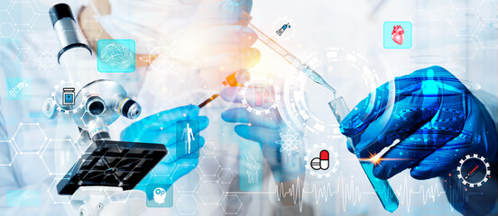 Futuristic medical research with scientist using microscope and pipette analyzing blue chemical...