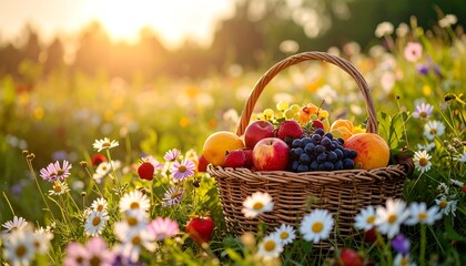 Naklejka premium Wicker basket filled with fruit in a field of flowers at sunset