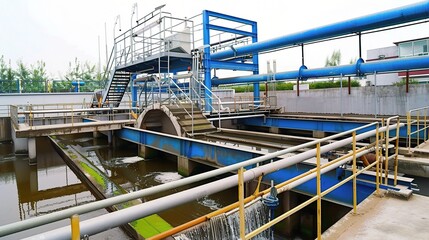 Sewage treatment equipment with metallic tanks, filters, and pipes in gray and blue, installed at a wastewater plant to purify sewage—removing impurities and treating water for safe discharge, equippe