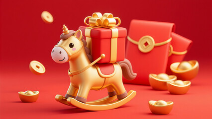 A cute little golden horse is carrying a big gift box with a red New Year element background