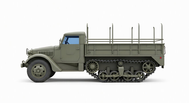 Vintage military olive drab half-track truck showing its front wheel and detailed tracks perfect for historical or transportation themes.
