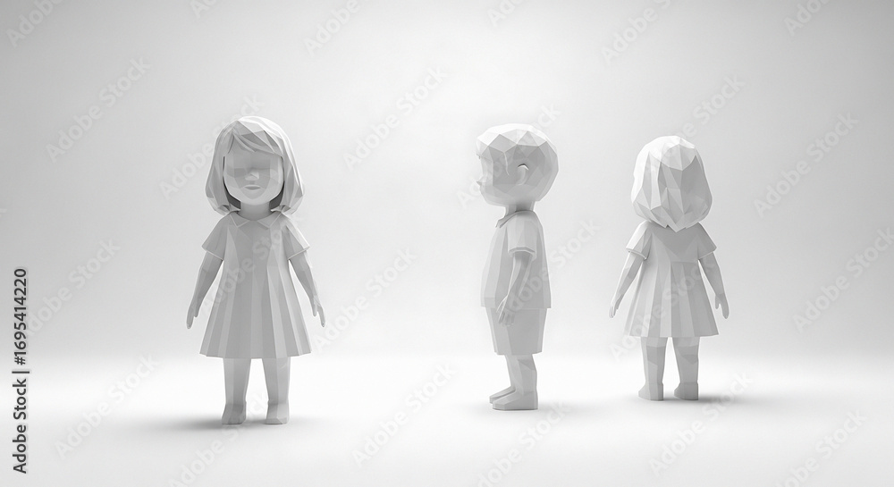Poster minimalist white 3d figures displayed in studio lighting showing subtle textures and forms