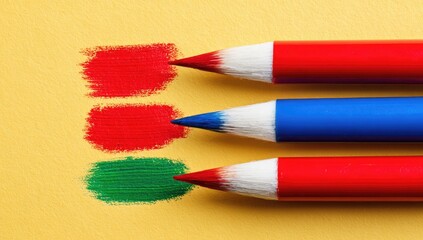Three colored markers displayed on a yellow surface.