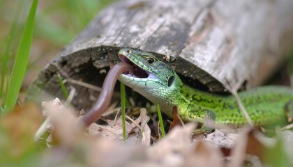 European green lizard eating earthworm in natural habitat wildlife outdoor