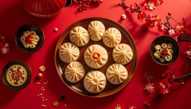 Steamed buns on red background - Powered by Adobe
