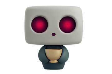 Cute robot character with glowing red eyes holding a golden cup in cartoon style