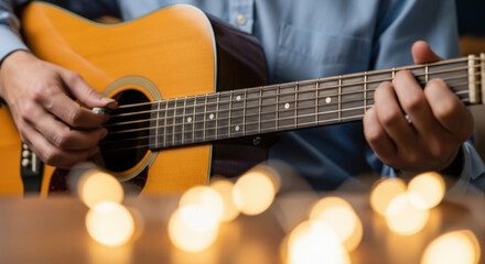 Fototapeta premium Close-up of hands playing acoustic guitar with bokeh lights.