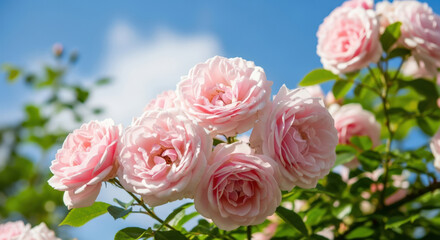 Delicate Pink Roses Blooming Under a Bright Blue Sky.