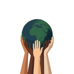 A minimalist flat 2D illustration of diverse hands gently supporting a stylized globe. The hands, in various skin tones, are positioned below the earth, symbolizing unity, global support, and peace. T