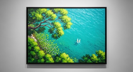 A beautiful oil painting depicts two people in kayaks on a vibrant turquoise lake surrounded by lush green trees and foliage
