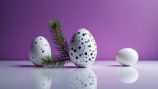 A perfect trio of spotted and white eggs with pine needles. 