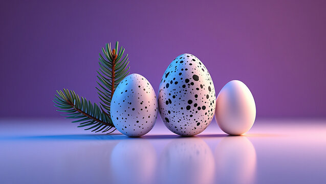 A perfect trio of spotted and white eggs with pine needles. 