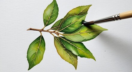 Detailed watercolor painting of a branch with vibrant green leaves, showcasing delicate brushstrokes and a soft, natural light.