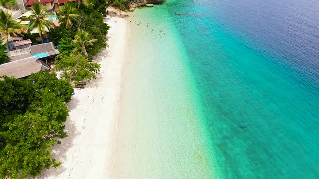 Beautiful beach Canibad , palm trees by turquoise water view from above. Philippines,Samal island.