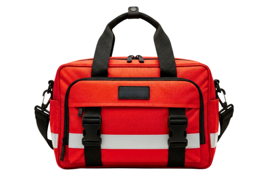 Red emergency first responder medical bag with a shoulder strap isolated on a transparent background