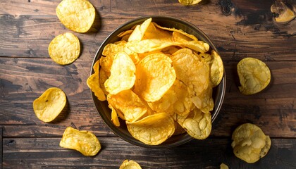 Delicious potato chips in a bowl on a wooden table.