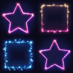 Obraz premium Glowing star neon set with bright frames and borders, minimalist light design collection on dark background