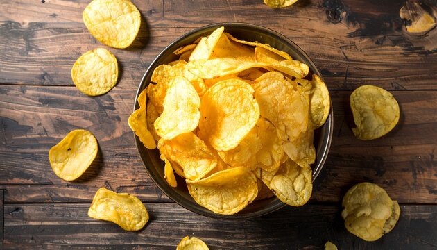 Delicious potato chips in a bowl on a wooden table. - Powered by Adobe