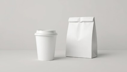 Blank white coffee cup and paper bag on a simple, neutral background, displaying product design mockups.
